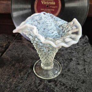 FENTON Glass Moonstone French Opalescent Hobnail Ruffle Vase 5.5” Vintage 1940s